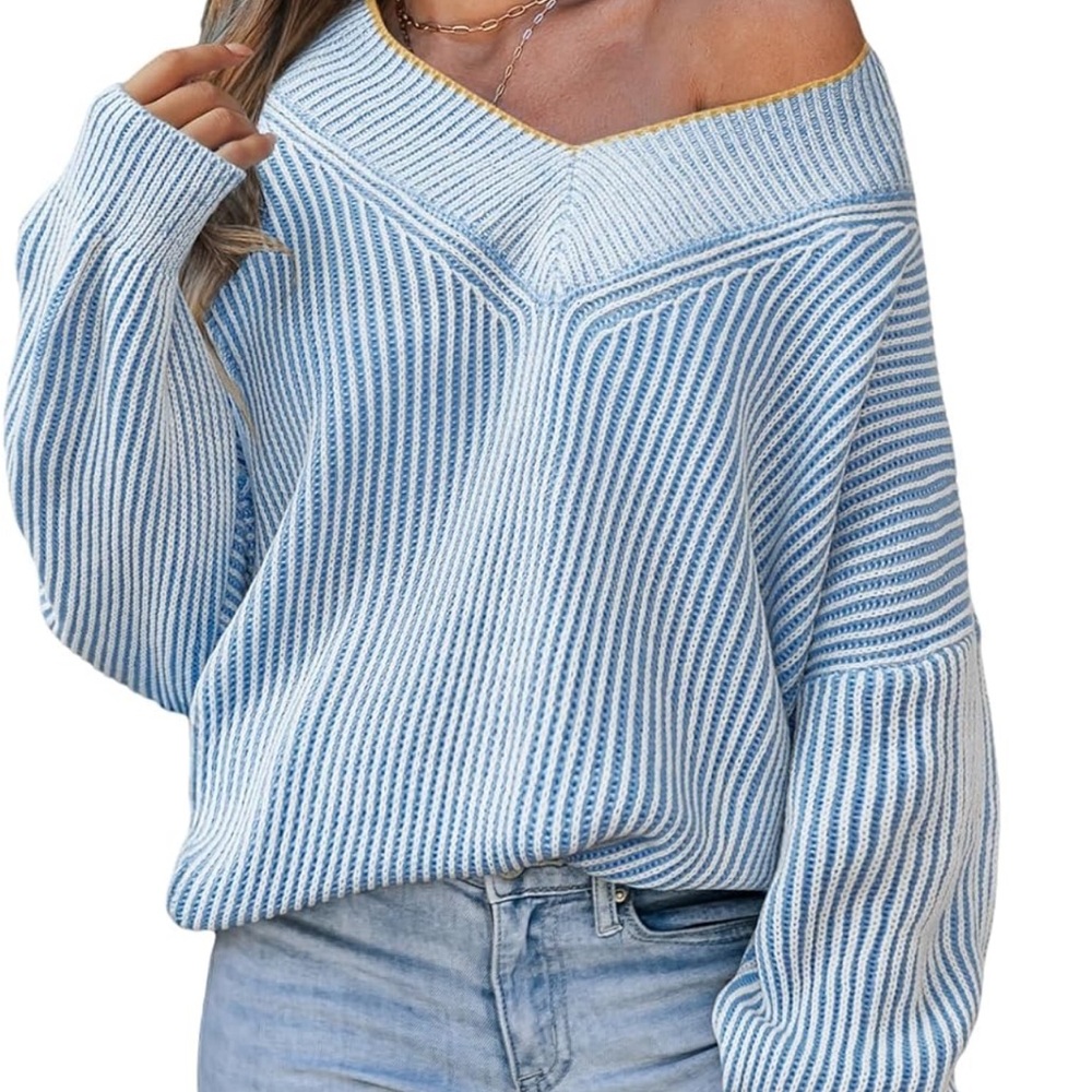 Cupshe Light Blue & Yellow V-Neck Ribbed Sweater - Picture 3 of 5